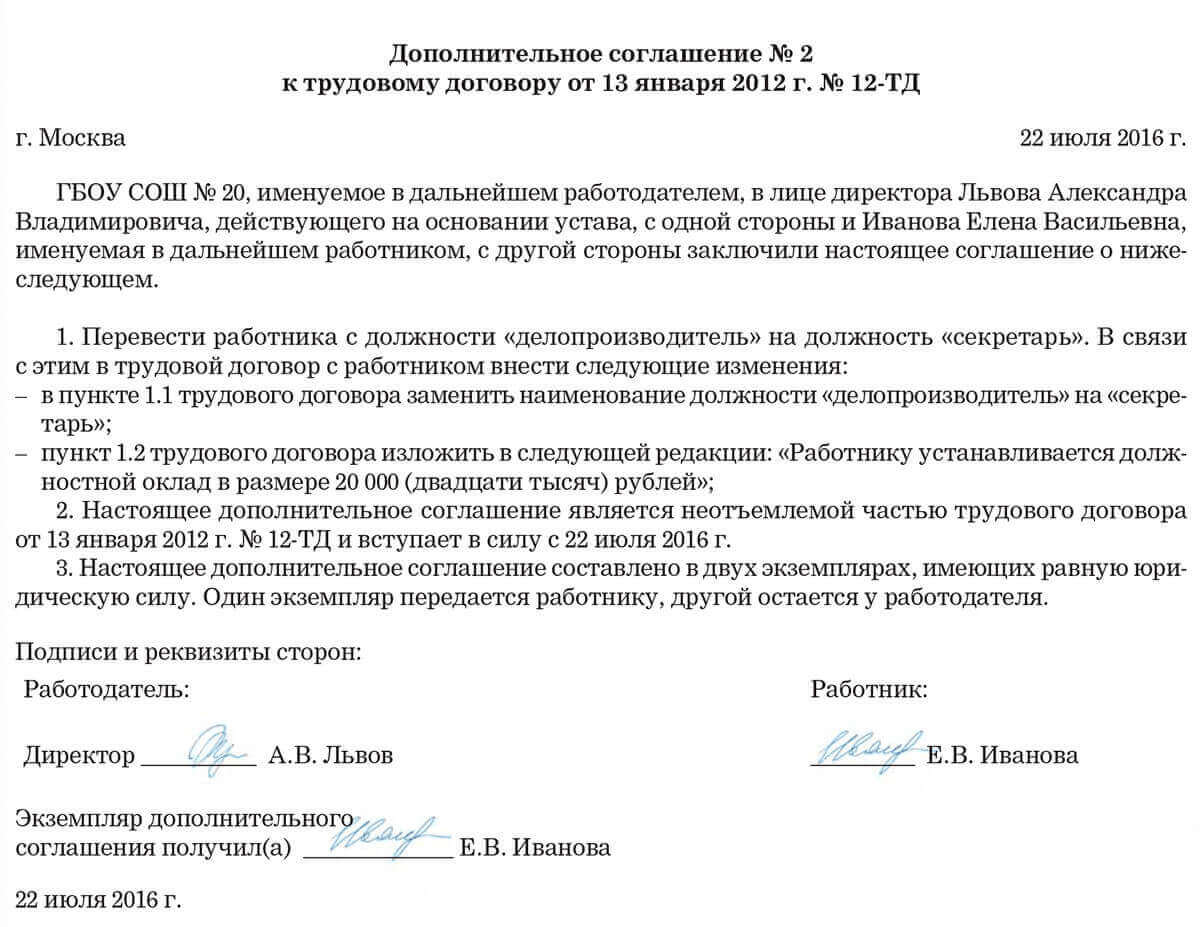 Образец дополнительного соглашения о переводе работника. Образец дополнительного соглашения о переводе работника