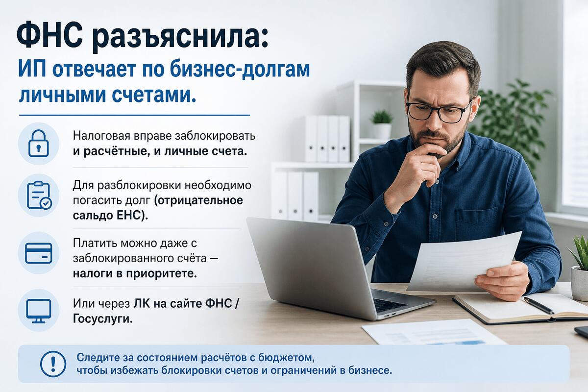 ФНС может заблокировать личный счёт ИП за долги бизнеса