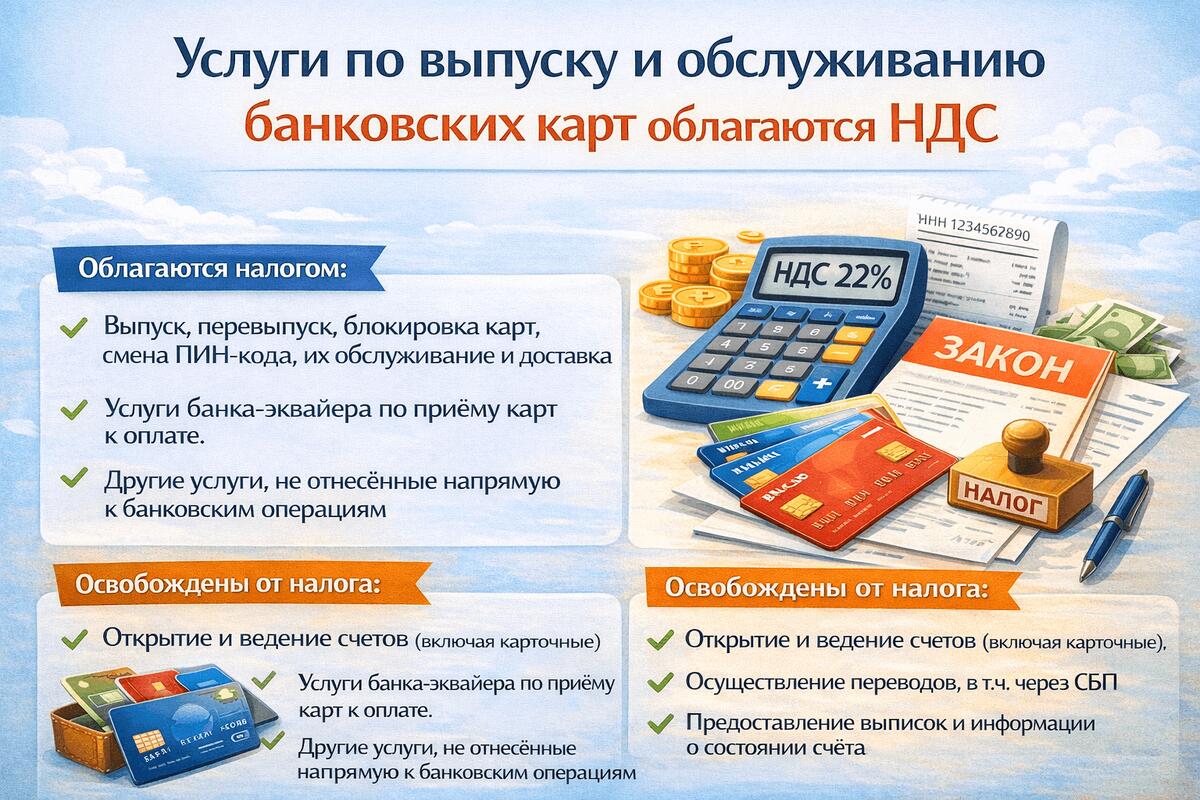 Выпуск, перевыпуск и обслуживание банковских карт с 2026 года попадают под НДС Выпуск, перевыпуск и обслуживание банковских карт с 2026 года попадают под НДС