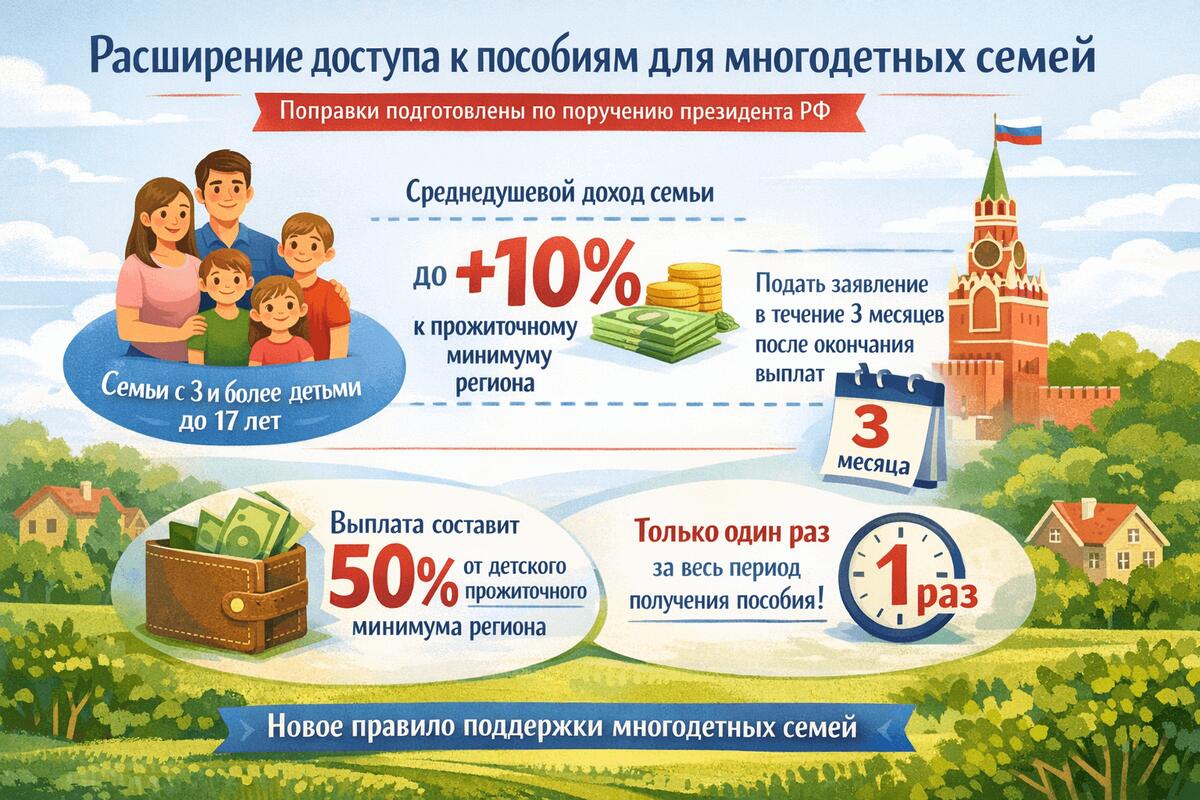 Минтруд расширяет доступ к единому пособию: многодетные семьи с доходом выше прожиточного минимума смогут получить выплату Минтруд расширяет доступ к единому пособию: многодетные семьи с доходом выше прожиточного минимума смогут получить выплату