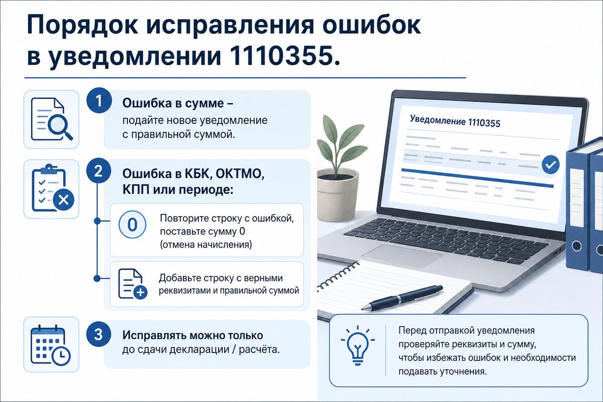Ошибки в уведомлении КНД 1110355 исправляют по новым правилам Ошибки в уведомлении КНД 1110355 исправляют по новым правилам
