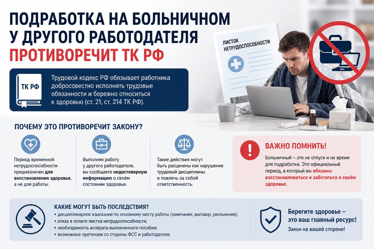 Подработка на больничном у другого работодателя противоречит ТК РФ Подработка на больничном у другого работодателя противоречит ТК РФ